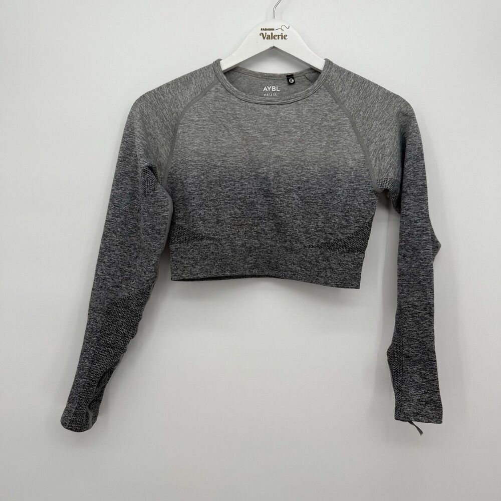 AYBL Gray Ombre Long Sleeve Workout Fitted Top Size Medium Cropped